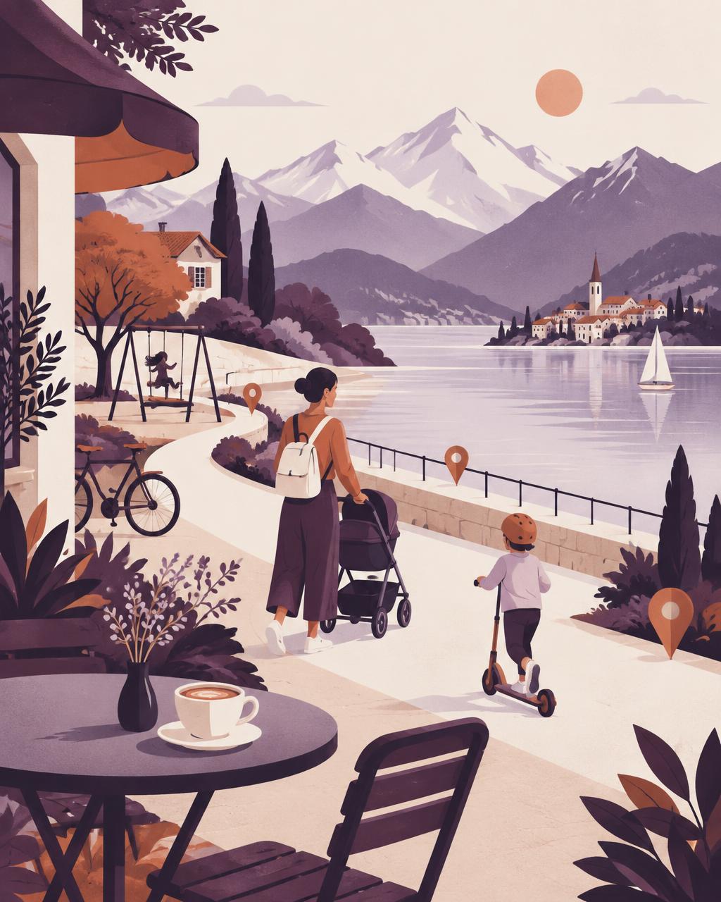 A mother walking with her baby beside a Swiss lake